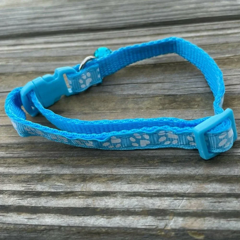 Cat Collar With Bell Adjustable Kitten Puppy Paw Print Blue Collars Adjustable